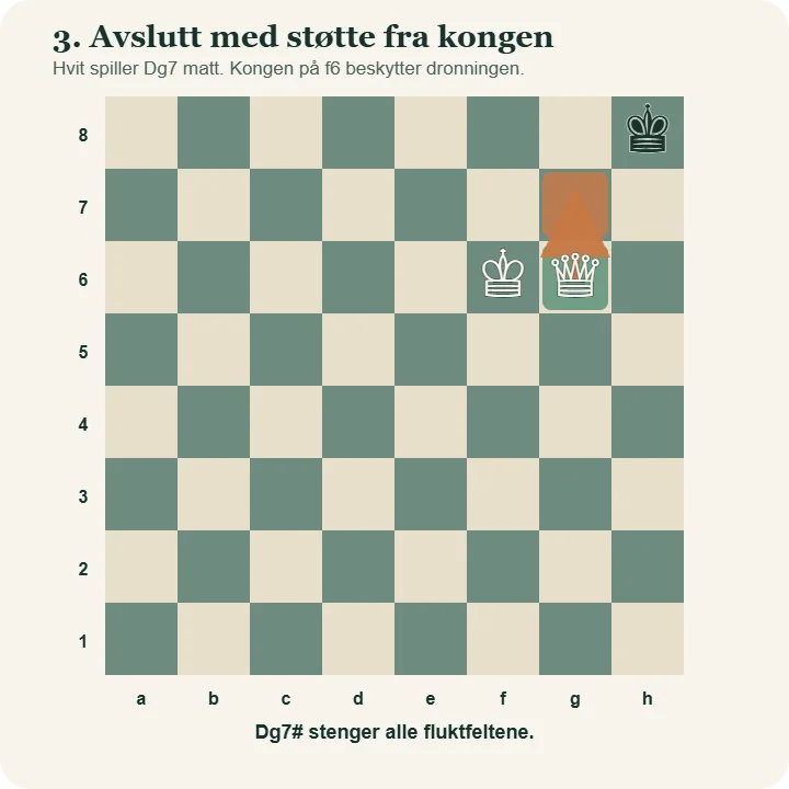 Svart konge står på h8, hvit konge på f6 og hvit dronning på g6. En pil viser trekket fra g6 til g7, som setter sjakkmatt.