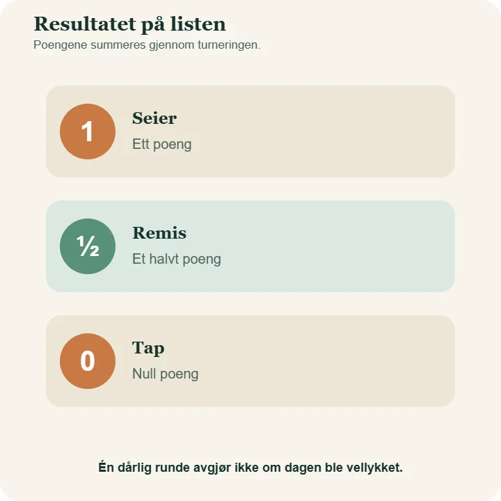 Poeng i sjakkturnering: seier gir ett poeng, remis et halvt poeng og tap null poeng.