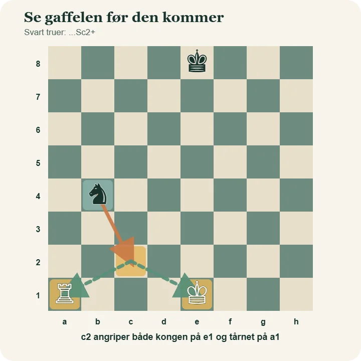 Svart springer på b4 truer med å gå til c2 og gafle hvit konge på e1 og tårn på a1.