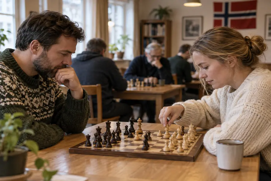 Voksne som spiller sjakk i en norsk sjakklubb