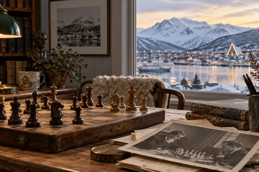 Eldre sjakksett og historiske fotografier foran et vinterlig Tromsø