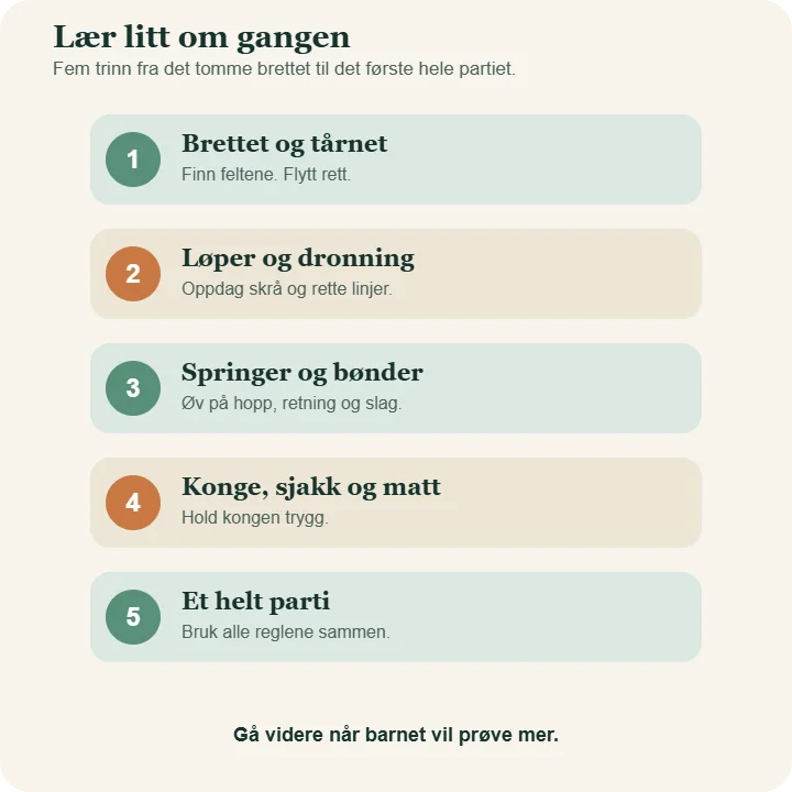 Femtrinns plan for å lære barn sjakk: brettet og tårnet, løper og dronning, springer og bønder, konge og matt, deretter et helt parti.