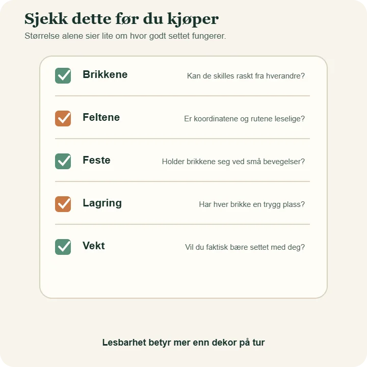 Sjekkliste for reisesjakk: tydelige brikker, leselige felter, passende magnetfeste, trygg lagring og en vekt du vil bære.