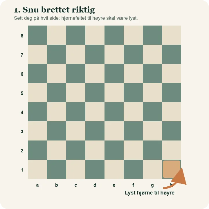 Tomt sjakkbrett sett fra hvit side. Det lyse hjørnefeltet h1 nederst til høyre er markert med en pil.