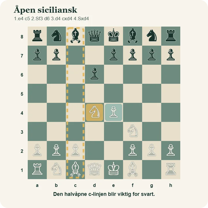 Stillingen i åpen siciliansk etter 1.e4 c5 2.Sf3 d6 3.d4 cxd4 4.Sxd4. Den åpne c-linjen og hvits sentrum er markert.