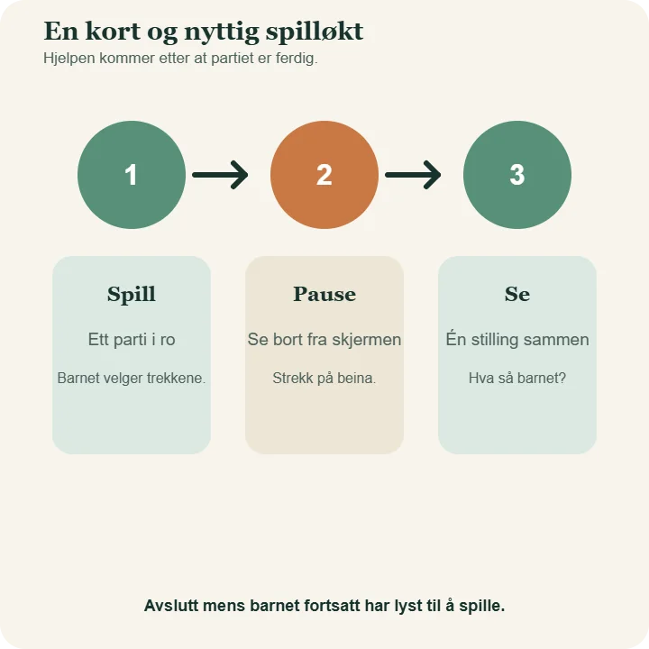 En rolig spilløkt i tre trinn: spill ett parti, ta en kort pause og se på én stilling sammen.