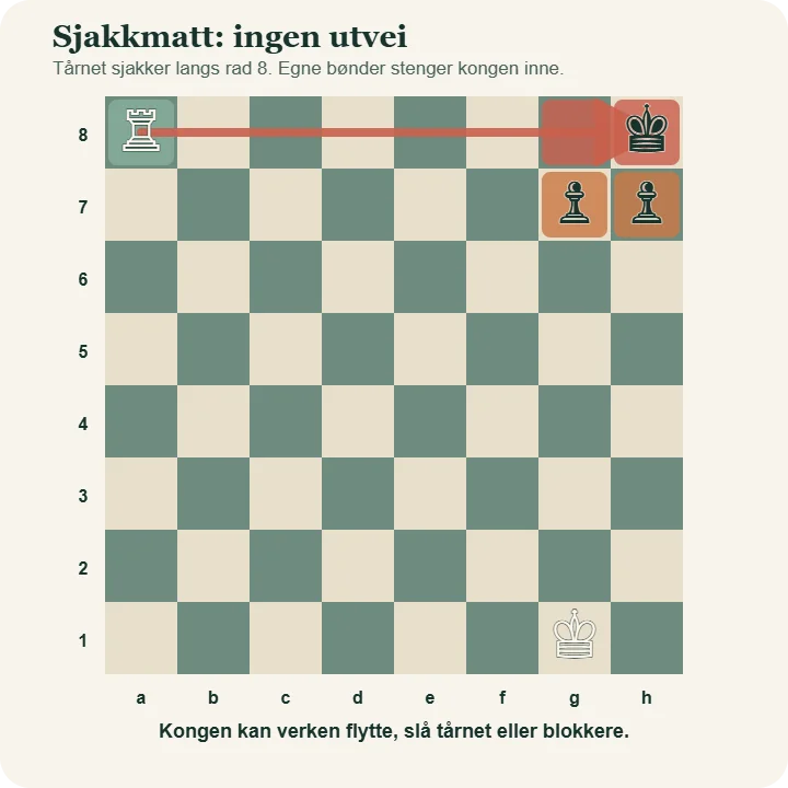 Svart konge på h8 er sjakkmatt av et hvitt tårn på a8. Svarte bønder på g7 og h7 stenger kongens fluktfelt.