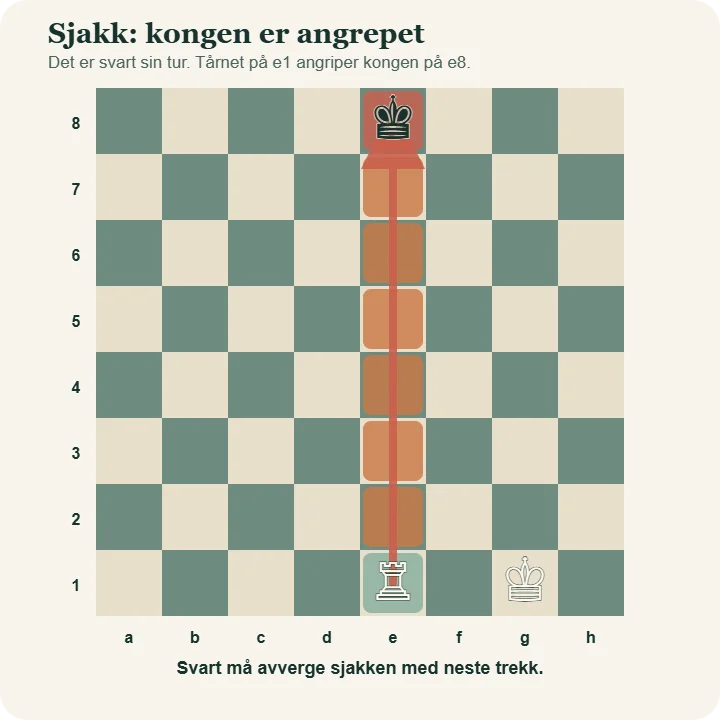 Svart konge på e8 står i sjakk fra et hvitt tårn på e1. Hele angrepslinjen mellom tårnet og kongen er markert.