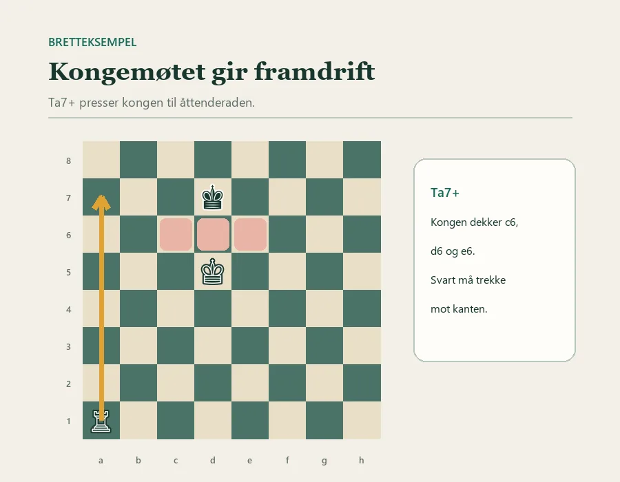 Sjakkbrett med svart konge på d7, hvit konge på d5 og hvitt tårn som flytter fra a1 til a7 med sjakk. Den hvite kongen sperrer retrettfeltene.