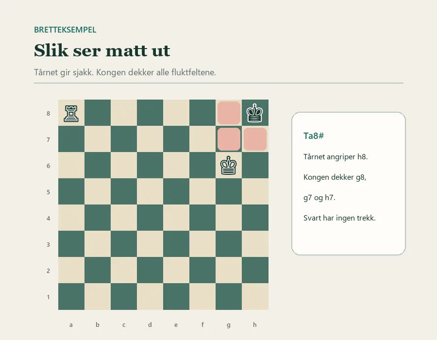 Mattstilling med svart konge på h8, hvit konge på g6 og hvitt tårn på a8. Tårnet angriper åttenderaden, og den hvite kongen dekker g8, g7 og h7.