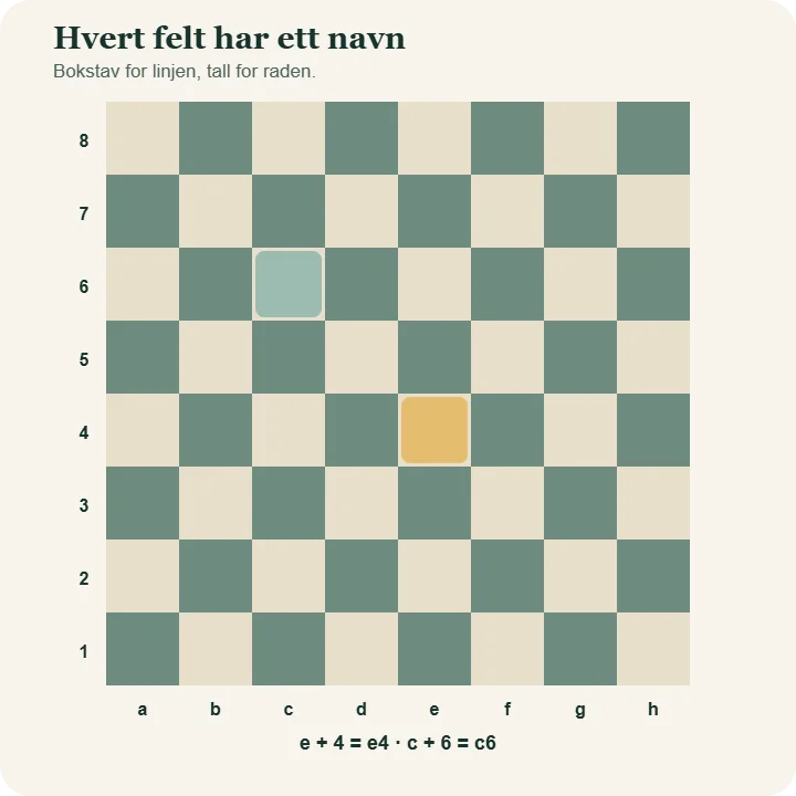 Sjakkbrett med koordinatene a til h og 1 til 8, der feltene e4 og c6 er markert.
