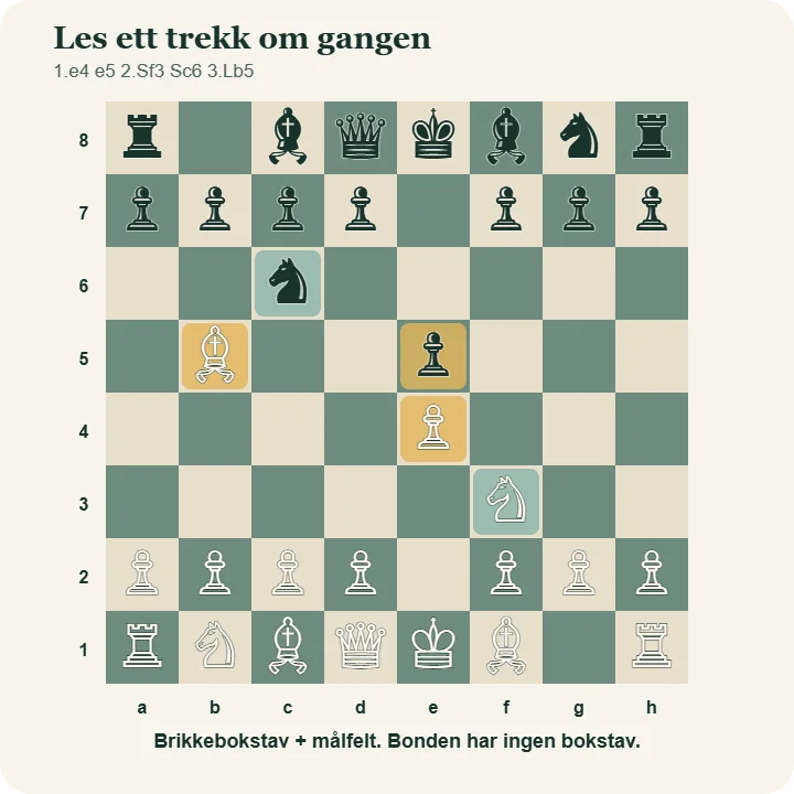 Sjakkbrett etter trekkene 1.e4 e5 2.Sf3 Sc6 3.Lb5, med de fem flyttede brikkene markert.