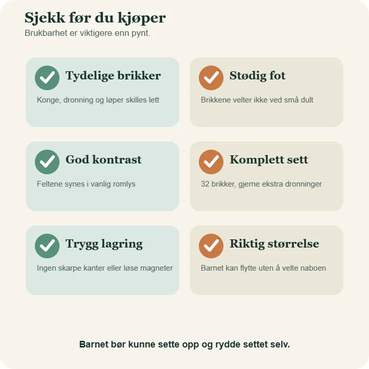 Sjekkliste for sjakksett til barn: tydelige brikker, stødig fot, god feltkontrast, komplett sett, trygg oppbevaring og riktig størrelse.