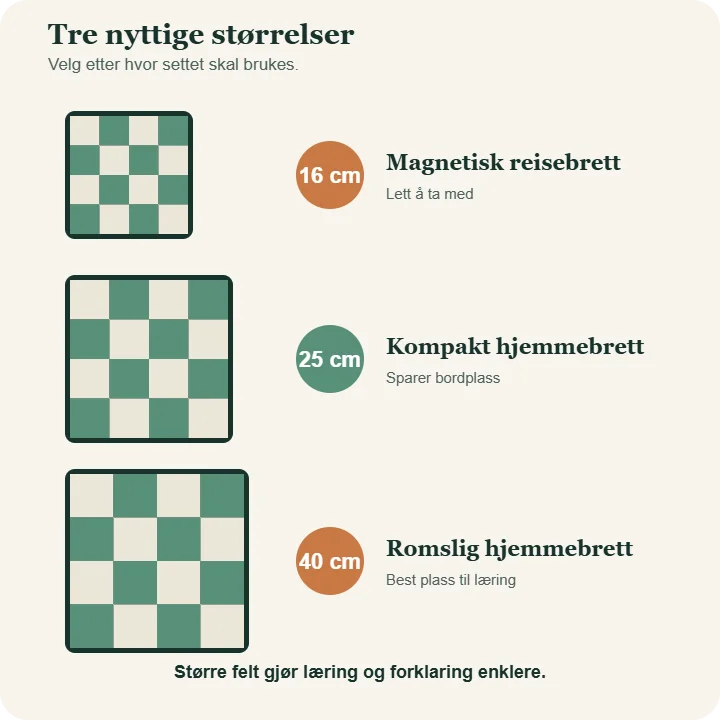Tre størrelser på sjakksett for barn: magnetisk reisesett på 16 centimeter, kompakt hjemmebrett på 25 centimeter og romslig hjemmebrett på 40 centimeter.