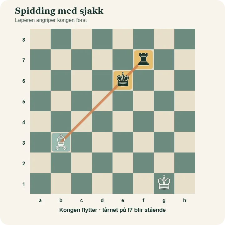 Hvit løper på b3 gir sjakk til svart konge på e6, med et svart tårn på f7 bak kongen.