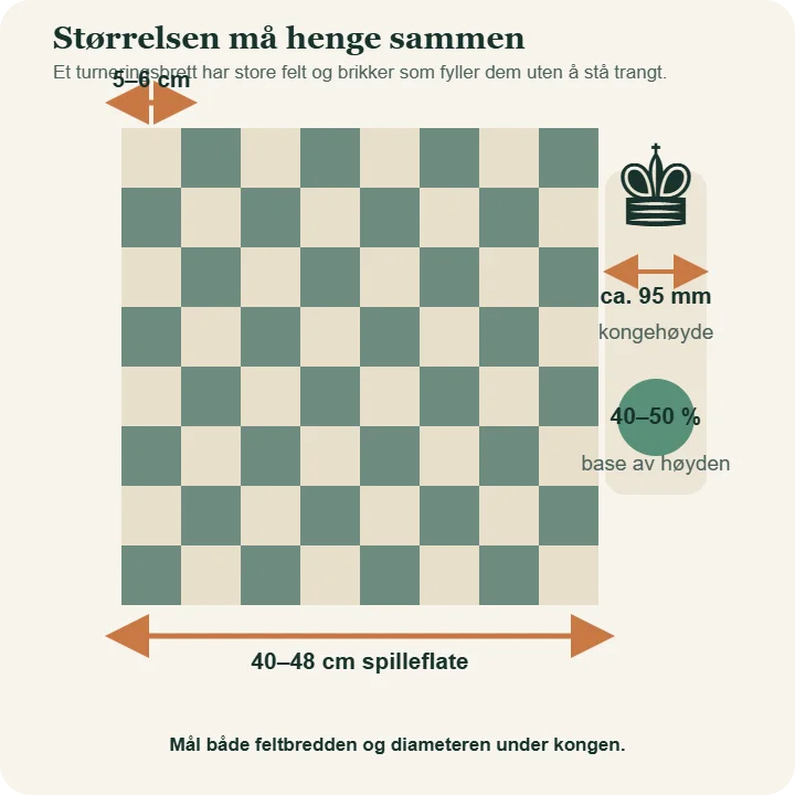 Målskisse av sjakkbrett med felt på 5–6 centimeter, spilleflate på 40–48 centimeter og konge rundt 95 millimeter.